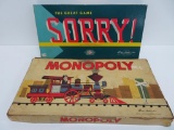 Vintage 1957 Monopoly and 1954 Sorry Parker Bros board games in boxes