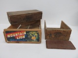 Assorted wooden boxes and wooden advertising