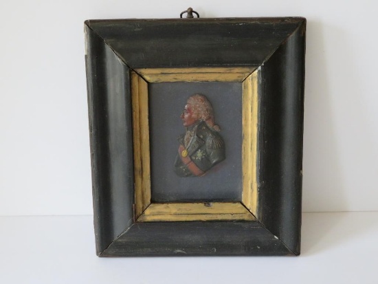 Early framed wax bust, military, 8"