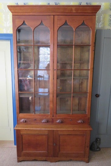 Outstanding c. 1840 cupboard, two glass doors, drawers and doors on base