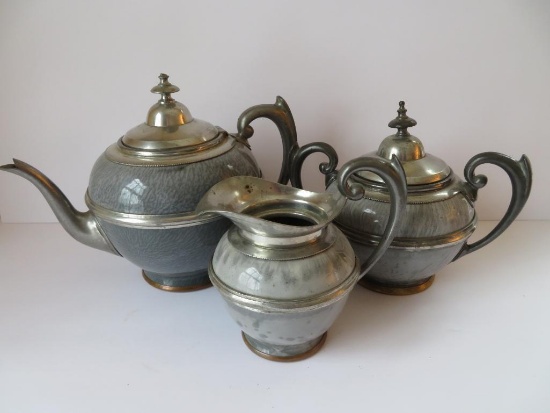 Three Piece Graniteware tea service, grey