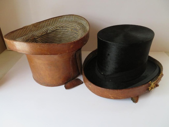 Antique top hat in leather case