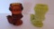 Two colored glass chicken toothpick holders, 2 3/4