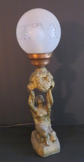 Figural lady table lamp, woman and floral, 21"
