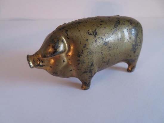 Metal pig still bank, gold paint, 4"