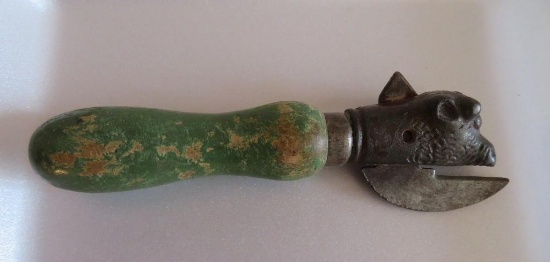 Cast Iron Steer Head Can Opener, green painted handle, 6"