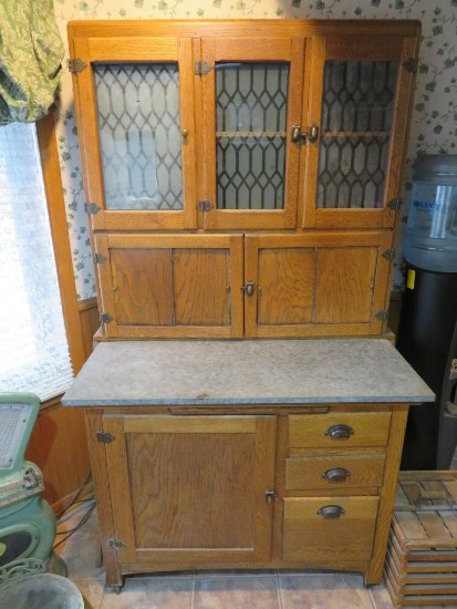 Hoosier Style Kitchen Cabinet with zinc top, oak