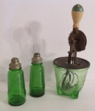 Green glass beater jar and salt and pepper shakers