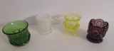 Four toothpick holders, colored glass