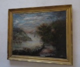 Large framed vintage oil on canvas landscape