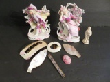 Mother of pearl buckles and pins, jewelry and figurines