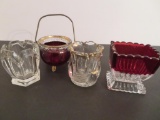 Four glass toothpick holders, clear and ruby flash, 2-2 1/2