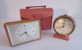 Two lovely pink travel clocks, Waltham and Zetka