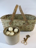 Gathering basket, wooden eggs and poach egg scissors