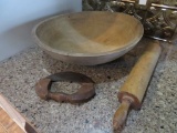 Large wooden bowl, rolling pin and chopper