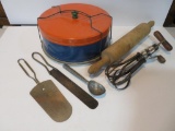 Vintage kitchen lot with cake saver, beater and advertising