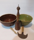 Two stoneware bowls, masher, chopper and pie crust roller