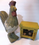 Chicken figure and wood and metal egg storage cabinet