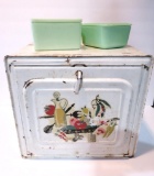 Tin bread box and two jadeite style refrigerator dishes