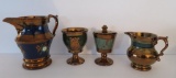 Four vintage Copper Lustre pieces, green decoration