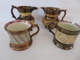 Four nice pieces of Copper Lustre with pink and golden rod decoration