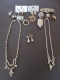 Assorted Rhinestone jewelry, earrings, pins and necklaces