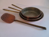 Three Copper skillets and turner/strainer