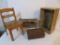 Wooden boxes, child chair and shelf