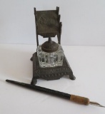 Ornate Bird design Cast Iron ink well stand with glass bottle, 5