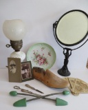 Vanity lot with figural mirror, vintage pretty lady photos and shoe stretchers