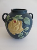 Roseville two handle vase, possible reproduction, blue, Rose, 9