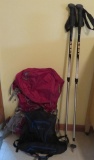 Hiking lot with frameless pack and walking sticks