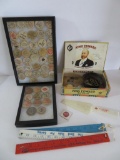 Advertising lot with wooden nickles, tokens and ruler