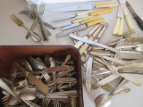 Large lot of misc assorted flatware in enamal container