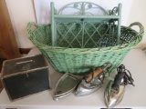 Laundry lot with wicker wash basket, shelf and two electric irons