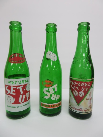 Three different green Set Up bottles, Waupaca Wis