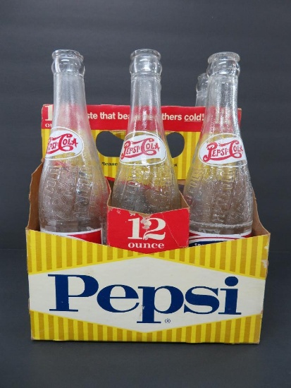 Five Vintage Sparkling Pepsi Bottles in vintage carton, 12 oz