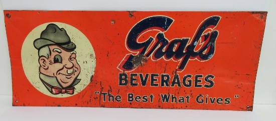 Metal Graf's Beverages sign, Grandpa Graf, 29 1/2" x 11 1/2"
