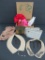 Vintage ladies vanity lot with stockings, lovely ornate beaded collars, cuffs and millinary flowers
