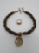 Early Hair Mourning Jewelry, watch chain with inset ruby and seed pearl and ring