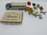 Tin litho bus and Cragstan highway signal sign set with box