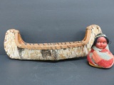 Vintage Native American Birch Bark miniature canoe and Skookums doll