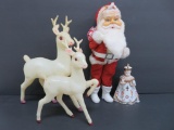 Vintage Christmas decoration lot wih plastic reindeer and Santa and Lenox Infant of Prague