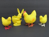 Three Plastic egg laying chickens and rabbit candy container, plastic, Easter Collectibles
