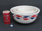 Red and Blue decorated nest of bowls, Calumet tin and Morton pen top