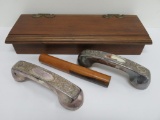 Walnut lamp desk, telephone receiver cover and wood needle case