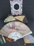 Wooden lap desk, porcelain decorated frame and fans