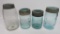 Four styles of Mason jars, blue/aqua, quart and pints