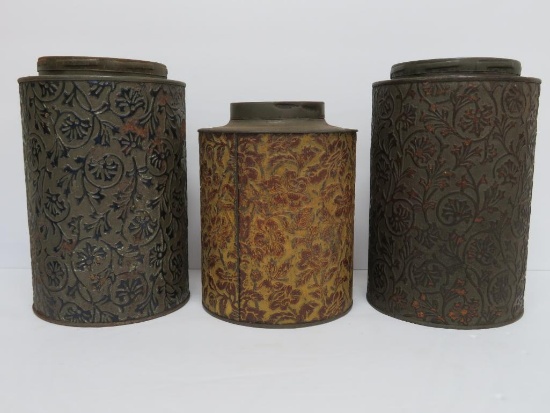Three fancy metal coffee tins, 8 1/2" and 7 1/4"