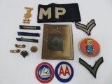 Military lot with MP band, patches, medal and pins